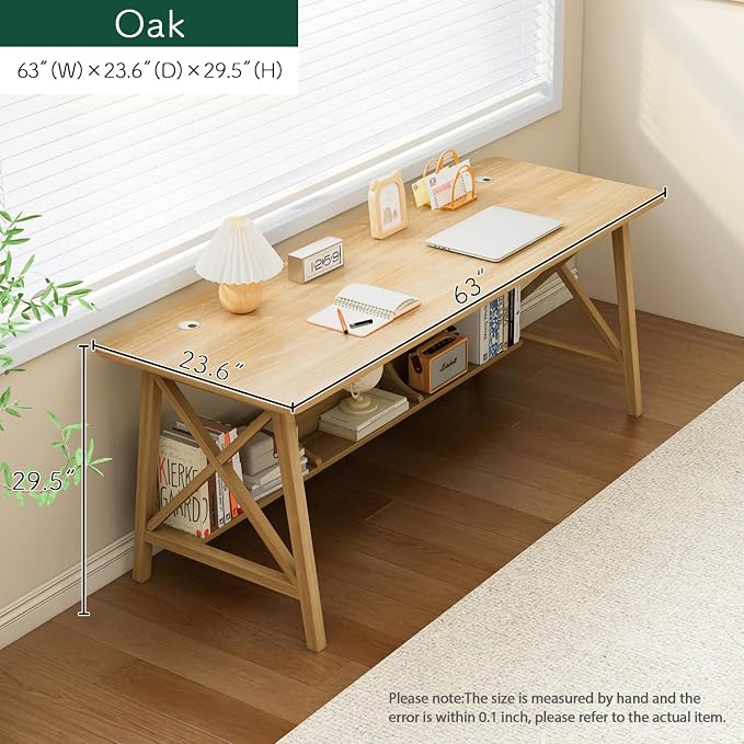 NELYE Extra Long Writing Desk with Bookshelf, 63" Wx24 Dx30 H, Oak | Wooden Home Office Work Study Table, Computer Gaming Workstation with Storage Shelf, Sturdy MDF Resists Wobble - Image 5