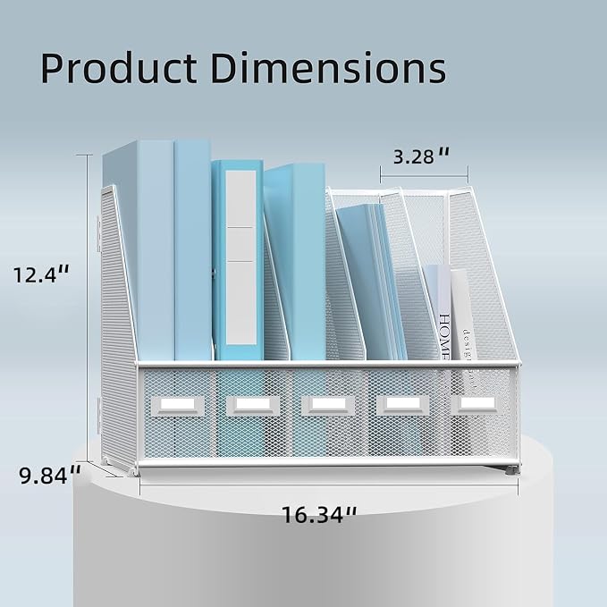 SUPEASY Desk Organizers Metal Desk Magazine File Holder with 5 Vertical Compartments Rack File Organizer for Office Desktop, Classroom, Home Workspace, White - Image 3