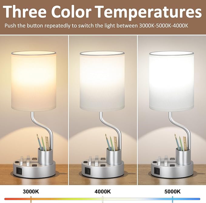 Fenmzee Bedside Lamps for Bedroom Set of 2 - Table Desk Lamp for Nightstand | 15" Table Lamp for Living Room with Pen Holder & Phone Stand, USB A+C Port, AC Outlet, 3 Color Temperature, LED Bulb Included - Image 2