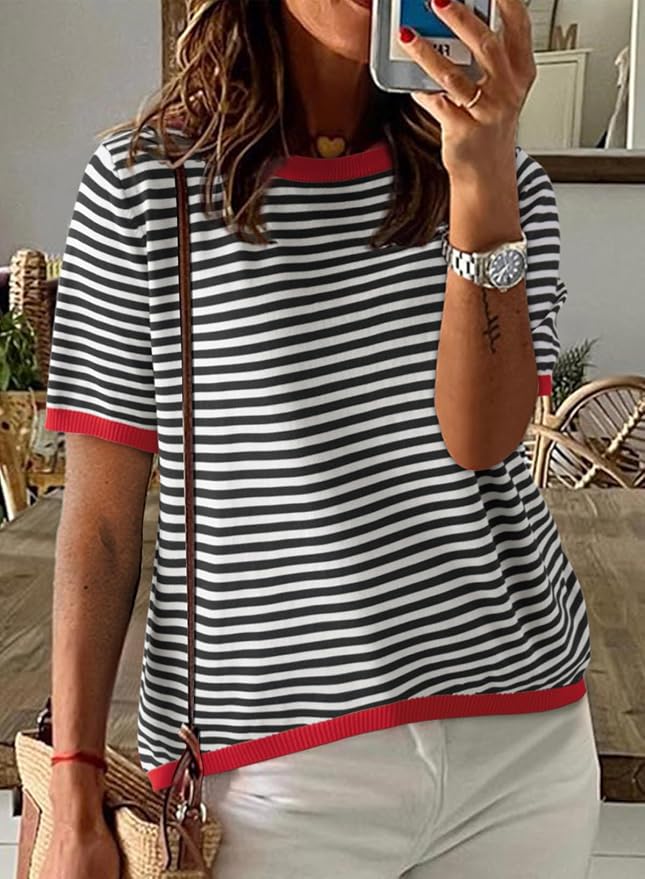 Dokotoo Womens Tops 2026 Casual Summer Crewneck Short Sleeve Striped Color Block Knit High Low Trendy Pullover Sweaters - Image 2
