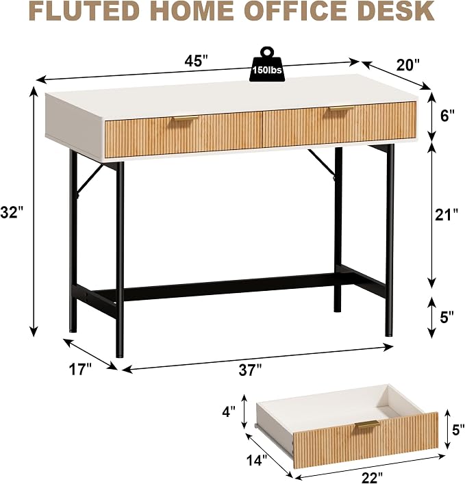 INNOD 45 Inch White Desk with Drawers, Small Writing Desks for Bedroom, Fluted Cute Desk with Storage for Vanity, Wood Computer Table for Living Room Small Spaces Home Office Study - Image 2