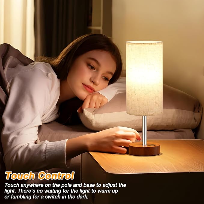 Dicoool Bedside Table Lamp for Bedroom - 3-Way Dimmable Touch Lamp, USB A+C | LED Bulb Included, 14" Small Nightstand Lamp for Desk, Living Room, Guest Room, Cream Fabric Lampshade, Redwood Metal Base - Image 2