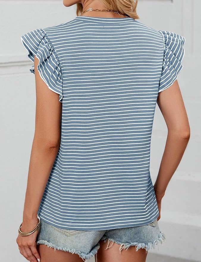 JUSTFASHIONNOW Womens Summer Tops Striped T-Shirts 2026 Ruffle Short Sleeve Crew Neck Casual Blouses with Pocket - Image 6