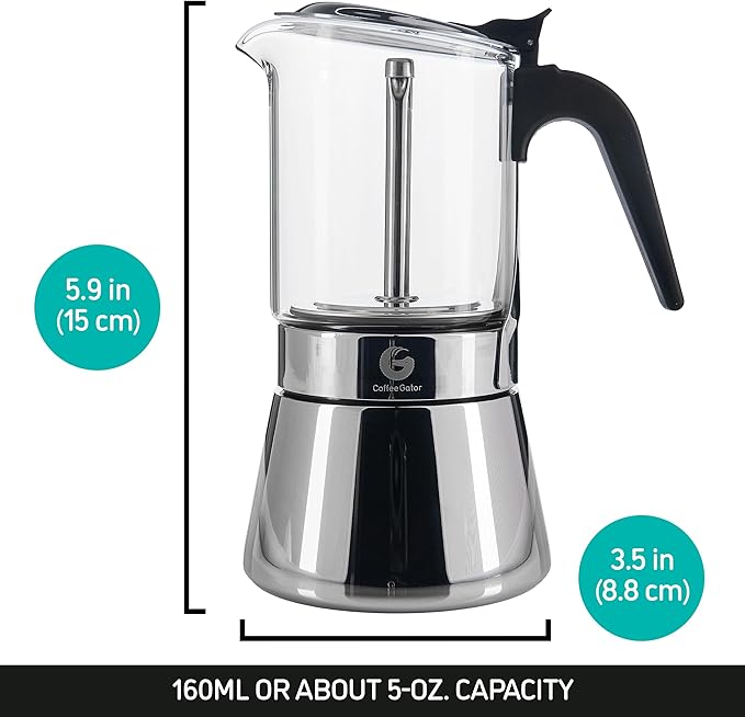 Coffee Gator 4 Cup Moka Pot, 6.7oz Stovetop Espresso Maker for Italian Coffee, Transparent Glass & Stainless Steel Design, Silver, 200ml - Image 2