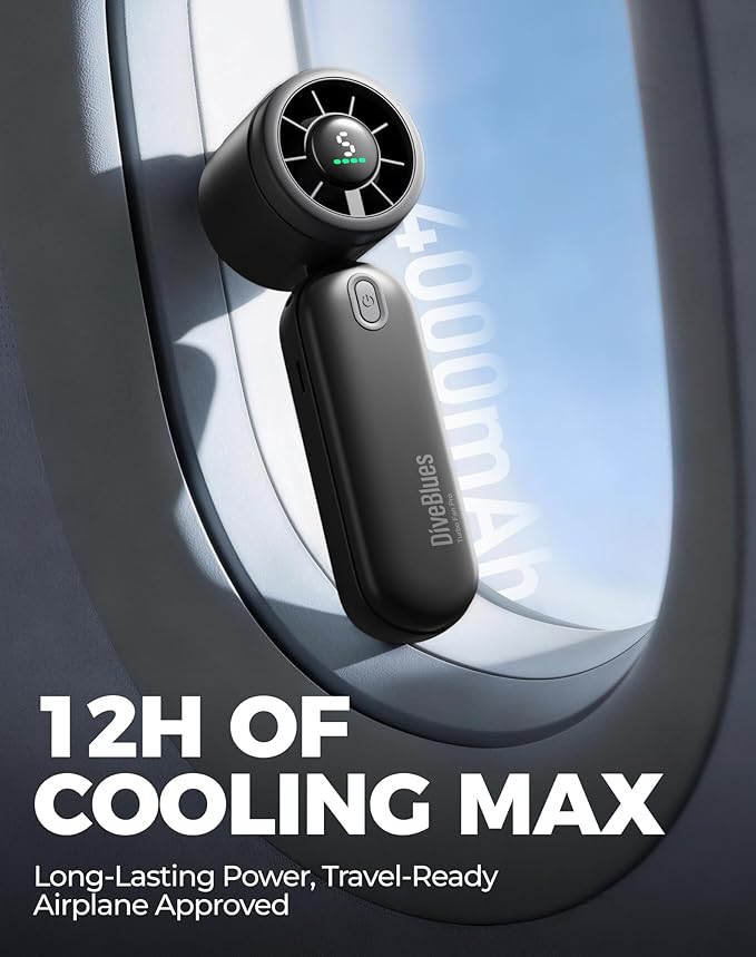 Diveblues Mini Handheld Fan, 30ft/s Portable Turbo Fan [12H Max Cooling], 4000mAh Personal Fan with LED Display, 3-in-1 Hand Held/Neck/Desk Fan for Travel, Cruise, Disney Essentials - Image 6