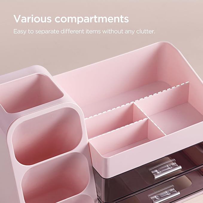HBlife Makeup Organizer with Brush Holder for Vanity, Large Plastic Bathroom Countertop Organizer Skin Care Storage, Easy to Store Lipsticks, Nail Polishes, Perfumes, Eyeshadow Palettes, Pink - Image 6
