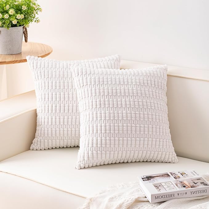 Aegero Pack of 2 Corduroy Decorative Throw Pillow Covers 22x22 Inch Soft Striped Pillow Covers Modern Farmhouse Home Decor for Sofa Living Room Couch Bed（White） by Unknown