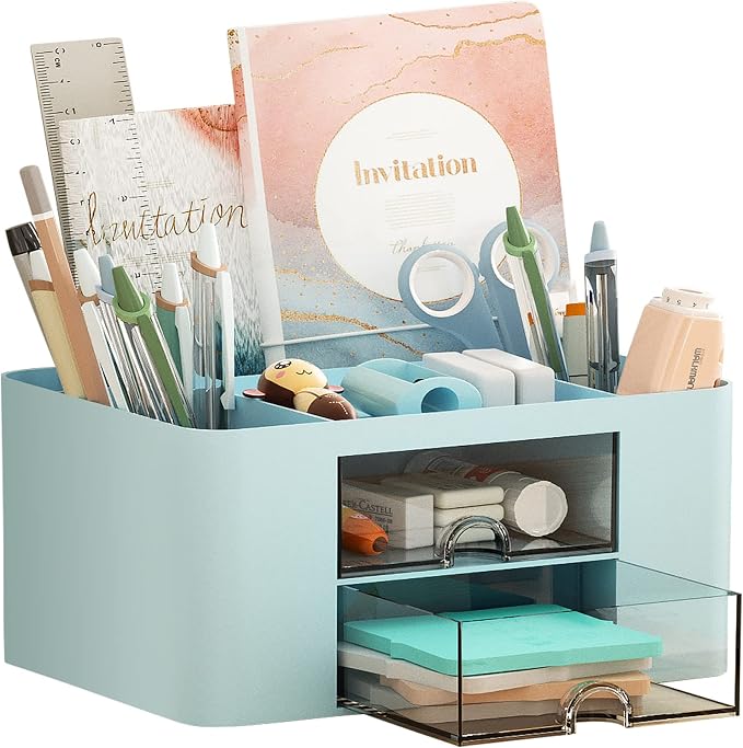 Marbrasse Pen Organizer with 2 Drawer, Multi-Functional Pencil Holder for Desk, Desk Organizers and Accessories with 5 Compartments + Drawer for Office Art Supplies (Blue) by Marbrasse