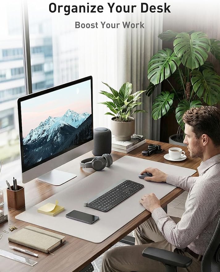 Aothia Faux Leather Desk Mat - Non-Slip PU Leather Desk Blotter, Waterproof Writing Surface, Large Desk Pad for Office & Home (Pale Lavender White, 55" x 17") - Image 3