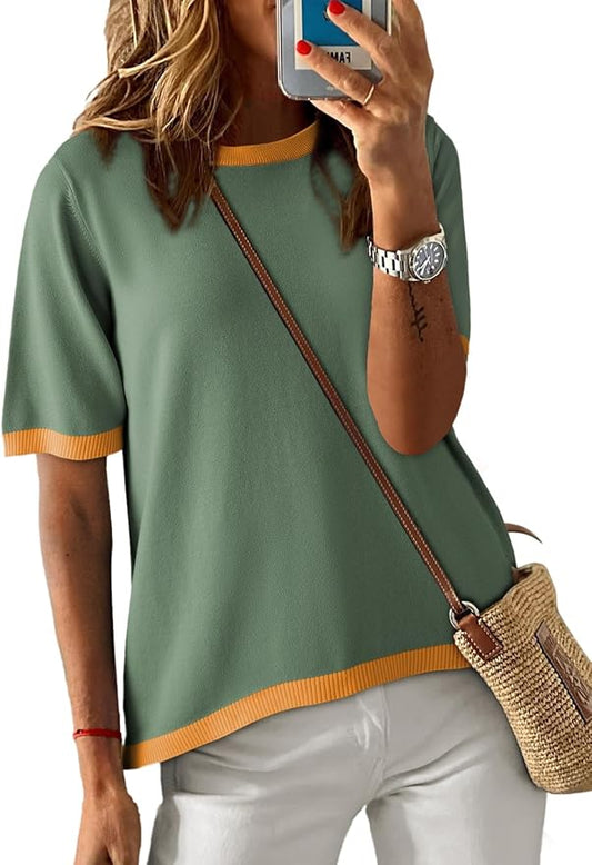 Dokotoo Womens Tops 2026 Casual Summer Crewneck Short Sleeve Striped Color Block Knit High Low Trendy Pullover Sweaters by Dokotoo
