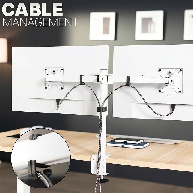 VIVO Dual LCD LED 21 to 32 inch Monitor Desk Mount, Heavy Duty, Adjustable Telescoping Arms, Flush Wall Setup, Fits 2 Screens, White, STAND-V002EW - Image 9