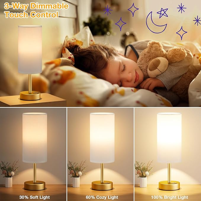 Dicoool Bedside Table Lamp for Bedroom - 3-Way Dimmable Touch Lamp, USB A+C | LED Bulb Included, 14" Small Nightstand Lamp for Desk, Living Room, Guest Room, White Fabric Lampshade, Gold Metal Base - Image 3