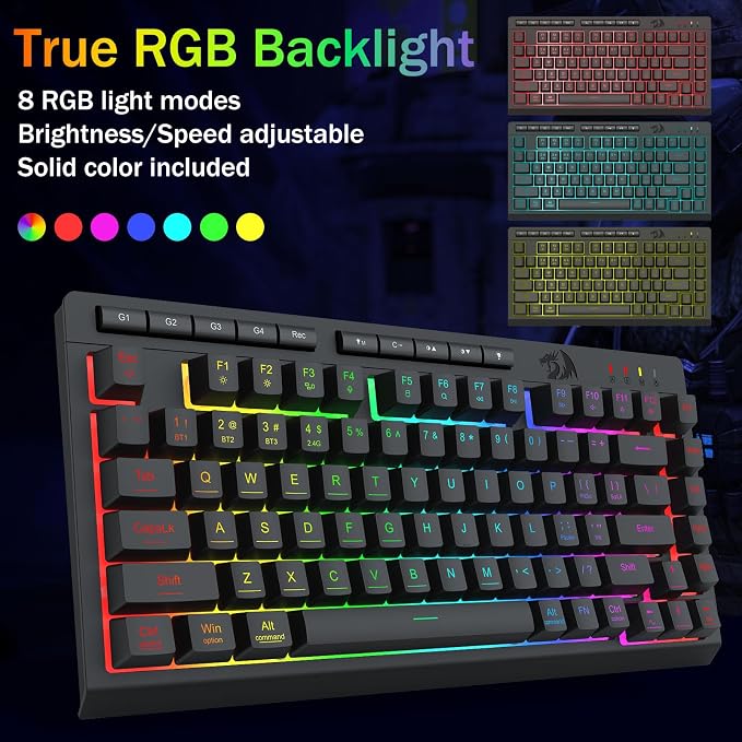 Redragon Wireless Gaming Keyboard, RGB Backlit, Portable 75% Design, Black | Bluetooth/2.4GHz/USB-C Wired, Mini Quiet Macro Membrane Keyboard, Rechargeable 4000mAh Battery, Anti-Ghosting for Win/MAC - Image 6