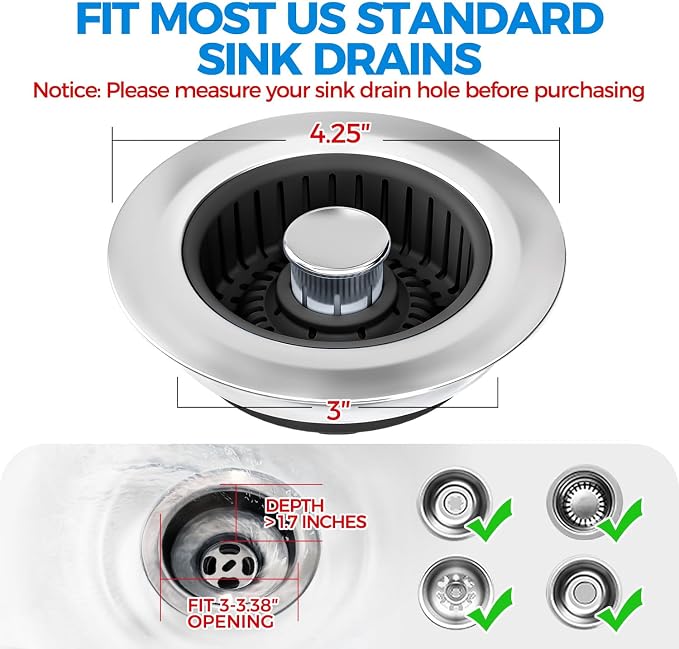 zaa 3 in 1 Kitchen Sink Drain Strainer Stopper Removable Basket Pop-Up | Kitchen Sink Accessories 2 Pack Black Stainless - Food Catcher, Odor-Blocking Seal, Fits 3.5" Drain, Easy Clean - Image 7