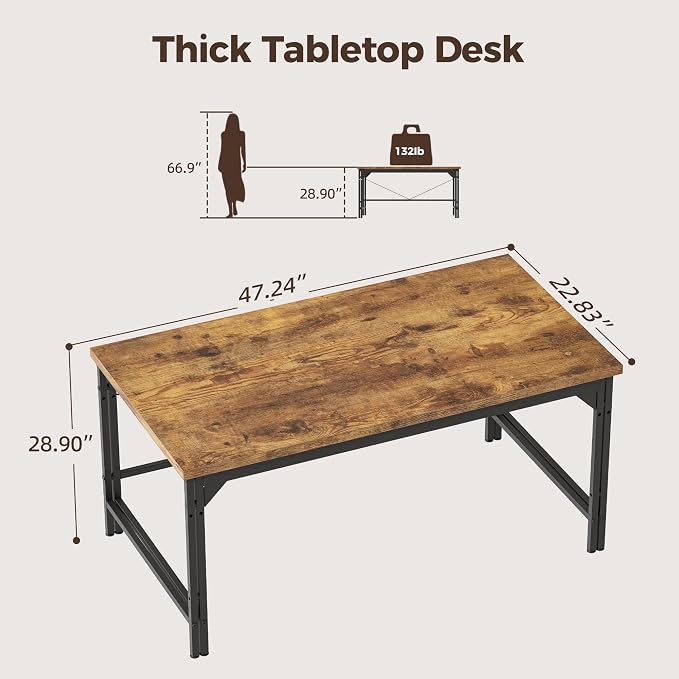 Mericonia 48 Inch Computer Desk, 1" Thick Small Office Table, Brown | Modern Simple Style, Heavy Duty Industrial Frame, Small Study & Writing Table for Home Bedroom Work - Image 2