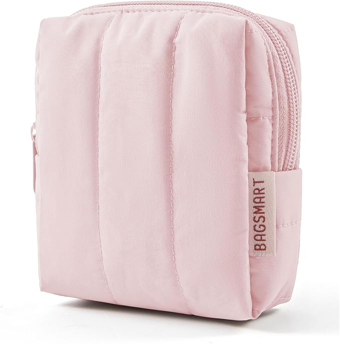 BAGSMART Small Makeup Bag for Women with Slip-in Pocket, Baby Pink | For Purse, Toiletry Pouch, Puffy Padded Mini Cosmetics Bag, Travel Essentials, Cute Make Up Pouch with Slip-in Pocket by BAGSMART