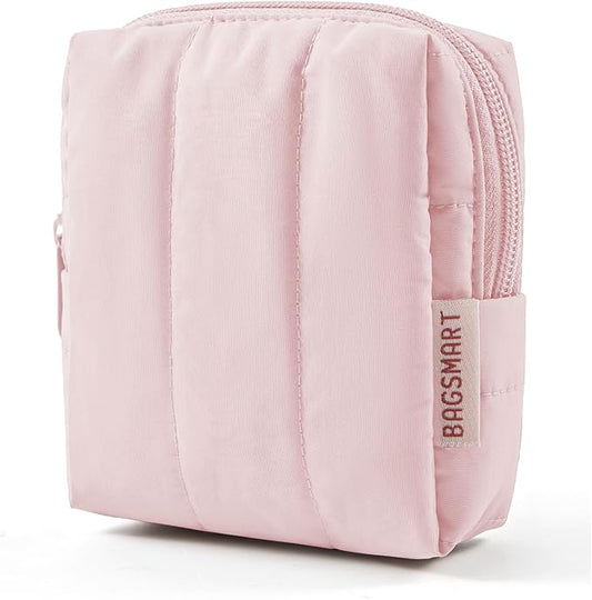 BAGSMART Small Makeup Bag for Women with Slip-in Pocket, Baby Pink | For Purse, Toiletry Pouch, Puffy Padded Mini Cosmetics Bag, Travel Essentials, Cute Make Up Pouch with Slip-in Pocket by BAGSMART