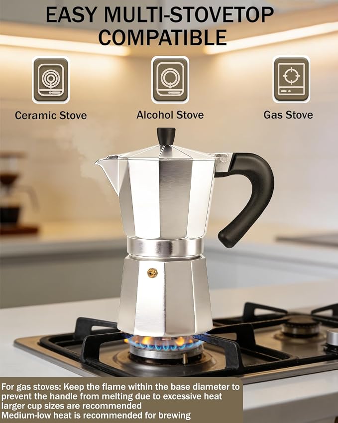 Coffee Maker Stovetop Espresso Maker 12 Cup Aluminum Moka Pot Percolator 20oz 600ml Easy Brewing for Electric Ceramic Stoves Home Camping Italian Cuban Café Classic Silver - Image 5