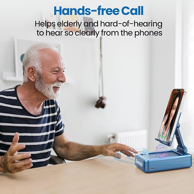 JTEMAN Cell Phone Stand with Bluetooth Speaker, HD Stereo Sound & Anti-Slip Base, Foldable Adjustable Desktop Phone Holder for Home Office, Cool Tech Gadgets Birthday Gifts for Men Women (Blue) - Image 6