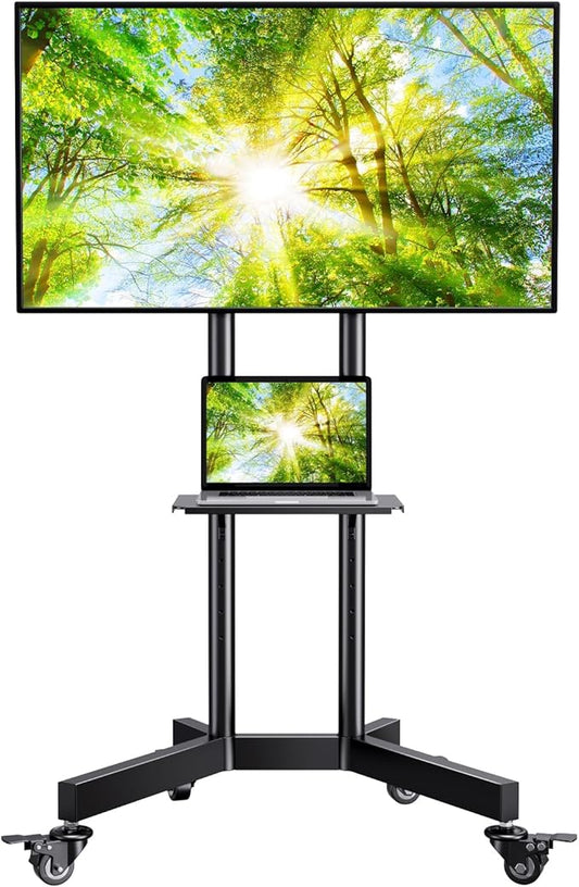 PERLESMITH Rolling TV Stand with Lockable Wheels for 32-86 Inch TVs Holds up to 132 Lbs, Height Adjustable Mobile TV Stand on Wheels with Laptop Shelf, Rolling Tv Cart Max VESA 600x400mm PSTVMC01 by PERLESMITH