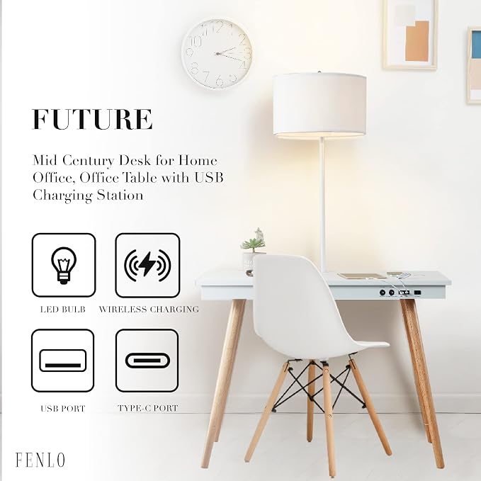 FENLO Future 39" Mid Century Modern Desk for Home Office, Office Desk with USB Charging Station, Wireless Charging, USB, USB-C Ports, White - Image 3
