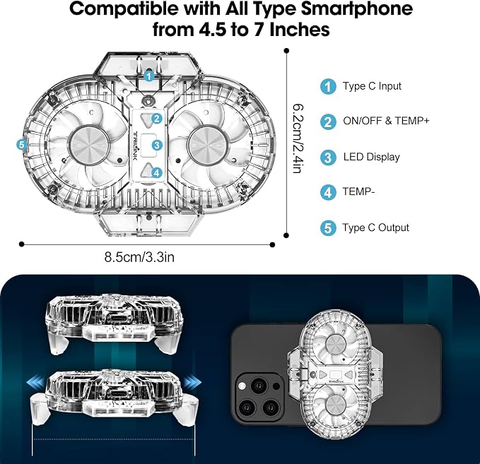 TRILINK Phone Cooler for Gaming with Dual Cooling Fans - Advanced Phone Cooling Technology - RGB LEDs - Ultra-Quiet - Output Function - LED Temperature Display for Android iPhone iOS Game Radiator - Image 6