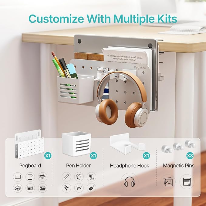 PEGZONE Desk Side Storage Organizer, Fits Flat Edge 0.4" to 2.2", White | No Drill Under Desk Laptop Holder, Clamp on Desks Shelf with Pegboard Accessories, Hanging Laptop Mount - Image 5