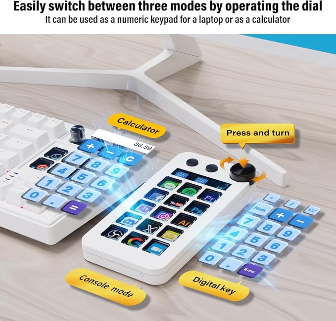 Streaming Deck,Macro pad/Calculator/Numeric Keypad Three Modes | 15 Customizable Macro Keys and LCD Bar,Large Dial,Work Efficiency Device,Compatible with Windows and Mac(N1 White) - Image 3