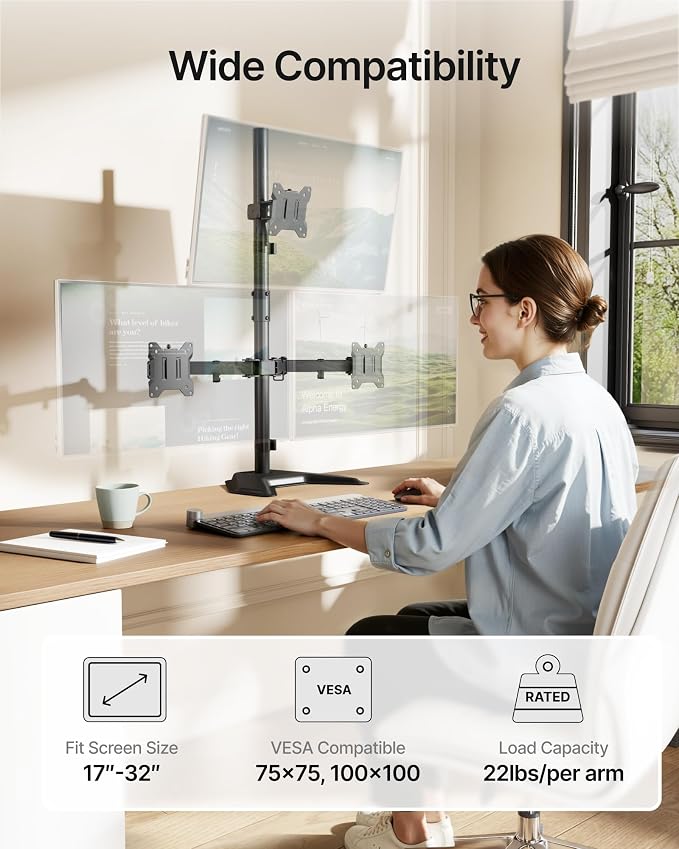 monTEK Freestanding Triple Monitor Stand for 17-32" Screens, 22 lbs Each | Solid V-shaped base, three-screen full-motion arms, height adjustment, tilt, swivel, rotation and VESA 75/100 - Image 2