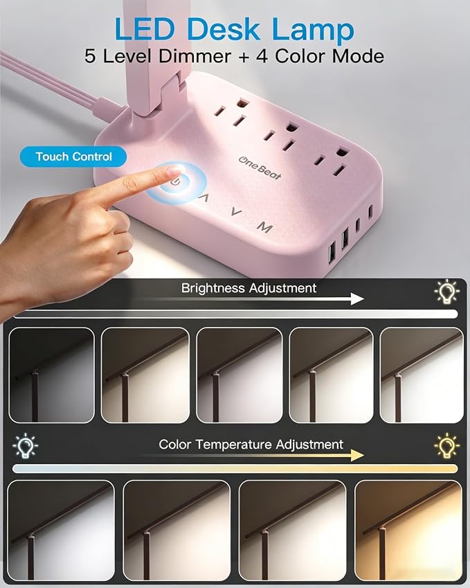 LED Desk Lamp, Power Strip with 4 USB 3 Outlets, Dorm Room Essentials, Pink | One Beat 4 Modes 5 Level Brightness Touch Lamp, Small Desk Lamp for Home Office College Dorm Essentials, Study Reading Light - Image 3