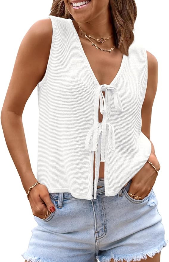 LILLUSORY Womens Tie Front Tops Vacation Sweater Vest | Bohemian Style, Beach Resort Wear, Concert Western Outfits, Crochet Tops, Vacation Outfits, Cute Y2k Sleeveless 2026 by Lillusory