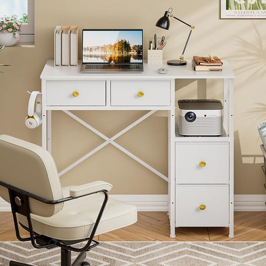 3IngSeagulls Small Computer Desk with 4 Fabric Drawers, Simple Writing Desk for Home Office, Compact Study Desks for Small Spaces, Kids Desk Study for Bedroom, White by 3IngSeagulls