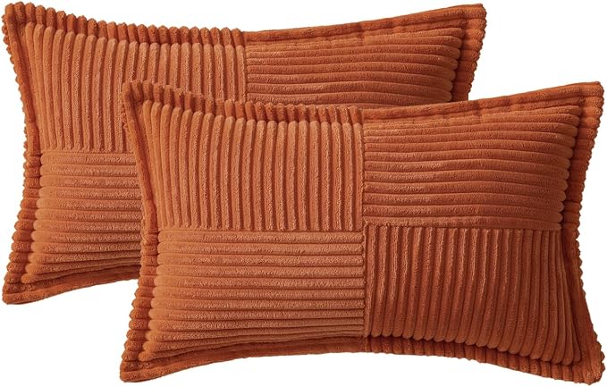 MIULEE Fall Rust Decorative Lumbar Throw Pillow Covers for Couch Bed Livingroom 12x20 Inch Set of 2 Boho Accent Throw Pllows Broadside Striped Patchwork Soft Corduroy Pillowcases, Terracotta - Image 6