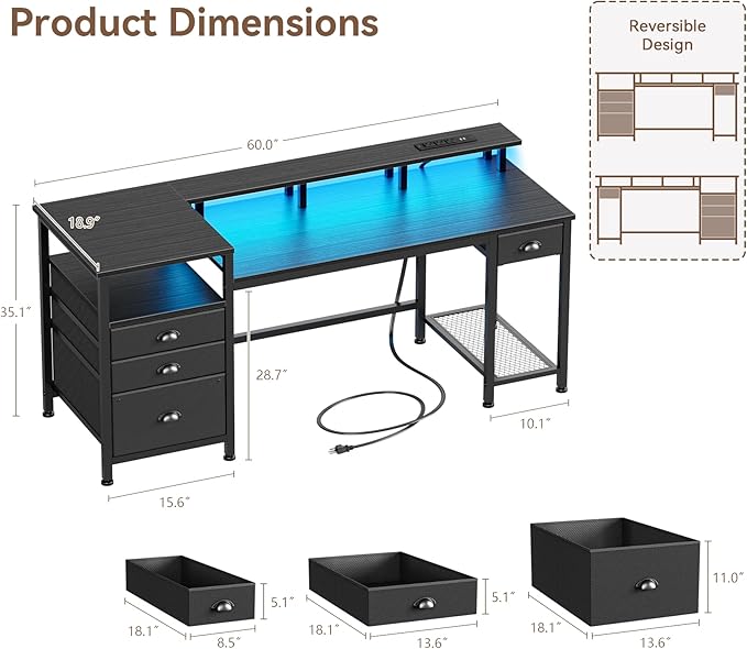 Furologee 60" Black Computer Desk with 4 Drawers and Printer Space, Gaming Desk with LED Lights and USB Power Outlets, Home Office Desk with Fabric File Cabinet,Study Work Table with Shelf for Bedroom - Image 3