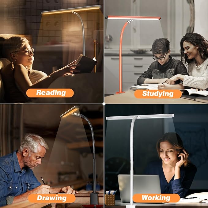 Airlonv LED Desk Lamp for Office Home, Eye-Caring Desk Light with Stepless Dimming Adjustable Flexible Gooseneck, 10W USB Adapter Desk Lamp with Clamp for Reading, Study, Workbench (Orange) - Image 5
