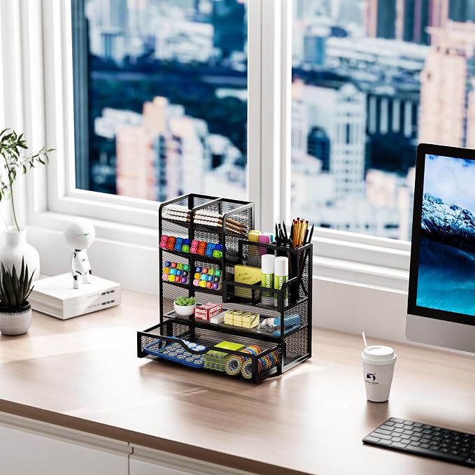 Marbrasse Mesh Pen Holder for Desk, Multi-Functional Pencil Organizer with Drawer, Desk Organizers and Accessories for Office Art Supplies (Black) - Image 4