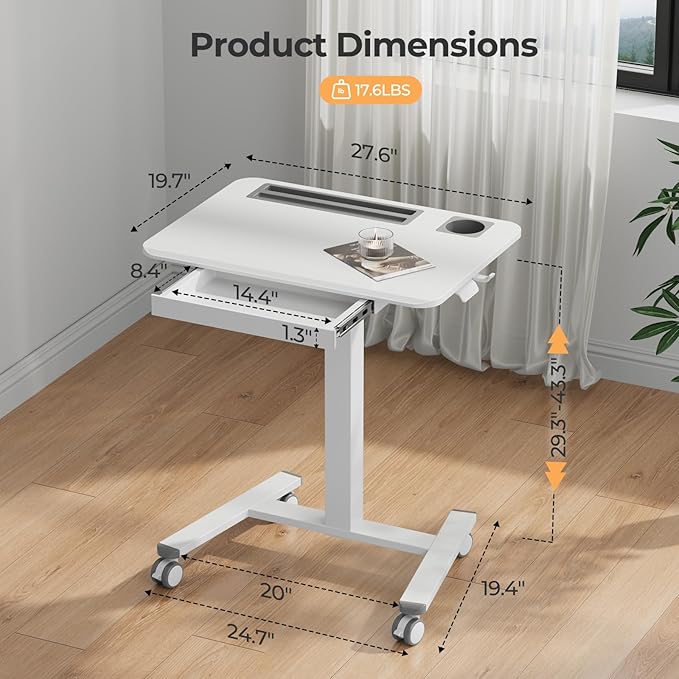 28" Mobile Standing Desk with Drawer, Portable Laptop Desk | Rolling Desk with Cup Holder & Hooks, Height Adjustable Computer Cart on Wheels for Classroom, Study Desk with Storage, White - Image 2