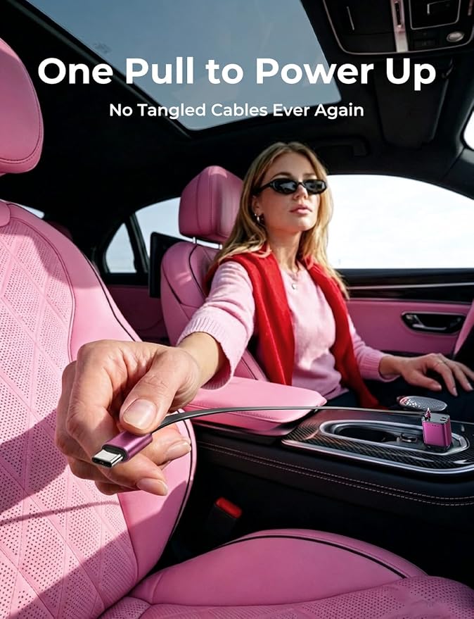 LISEN Retractable Car Charger, 84W Car Charger USB C Fast Charger Adapter, Car Accessories for Men Women, Gifts for Fathers Day for Men Dad Husband, for iPhone 17 16 15 14 13 12 Pro Max, Pink-Black | USB C Car Charger Fast Charge, Pink-Black Car Access... - Image 3