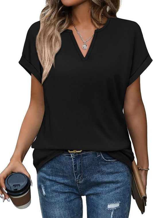 Womens Tops Dressy Casual V Neck Rolled Sleeve T Shirts Fashion Clothing Business Casual Outfits Beach Vacation Clothes by XIEERDUOFASHION