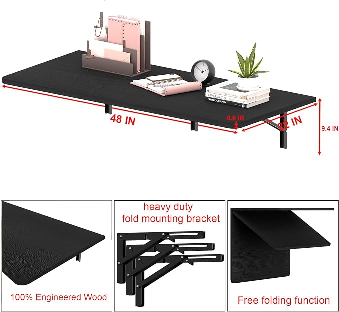 IAE 55x22in Floating Fold Desk,Wall-Mounted Folding Computer Table,Black | Study Table with Shelf Brackets,Foldable Down Shelf with Engineered Wood,Fold Computer Desk for Small Apartment,Holds 510 lb - Image 2
