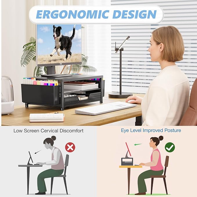 OPNICE Desk Organizers and Accessories, Computer Monitor Stand Riser with Drawer and 2 Pen Holders, Printer & Laptop Stand, Office Desk Accessories & Workspace Organizers for Home Office Supplies, Black - Image 2