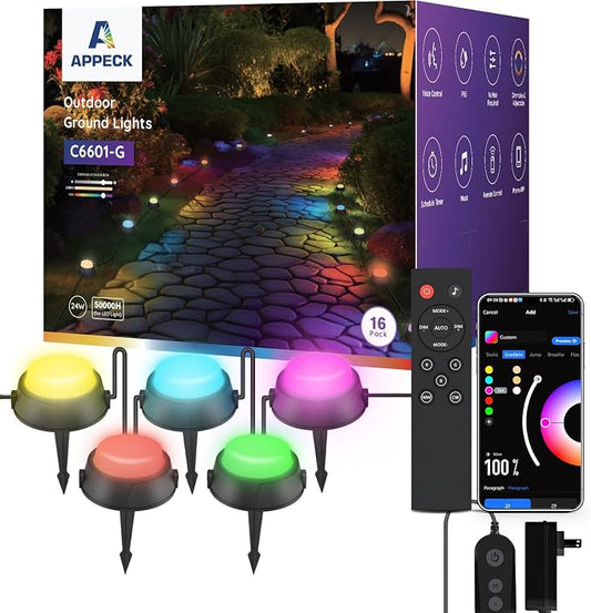 APPECK Outdoor Ground Lights 16 Pack, 50FT RGBW Pathway Lights Wired | IP65 Waterproof Landscape Lights, Color Changing, 2200K Warm White, Garden Yard Lawn Walkway, Holiday Decor, Alexa Compatible by APPECK