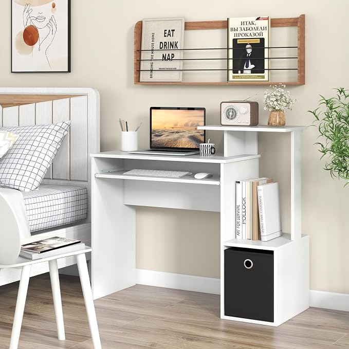 Tangkula Computer Desk with Fabric Drawer & Keyboard Tray, Space-Saving Study Writing Desk with Open Storage Shelves & Printer Stand, Modern Home Office Computer Workstation for Small Spaces (White) - Image 4