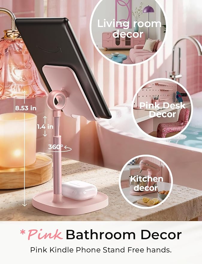 LISEN Cell Phone Stand Phone Holder for Desk, Gaming for Nintendo Switch | Pink Desk Accessories for Women Office Cute, Vanity Decor Pink Gifts Girls, Kawaii Bathroom Dorm Room Essentials Decor - Image 5