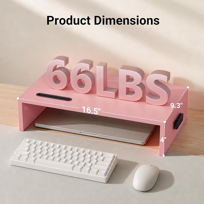 BONTEC Monitor Stand Riser with Cellphone Holder & Cable Management | 16.7 Inch Wood Monitor Riser Stand, Desktop Stand for PC/TV/Laptop/Printer, Pink - Image 2