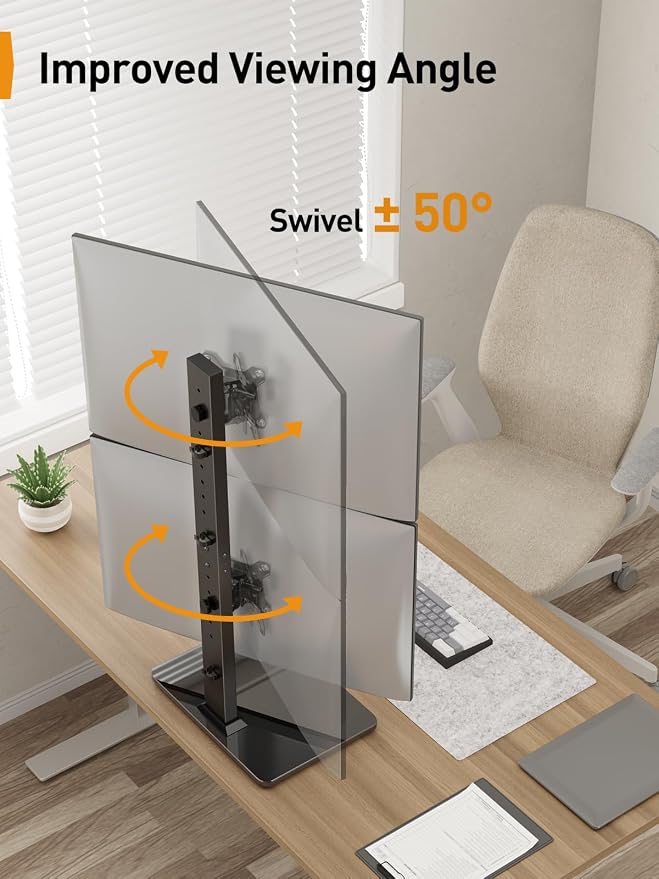 Perlegear Dual Vertical Monitor Stand for 13–40 inch Screens up to 44 lbs | Heavy-duty steel, swivel, tool-free tilt, 360° rotation, 13 height settings, cable management, max VESA 100x100mm, office use - Image 5
