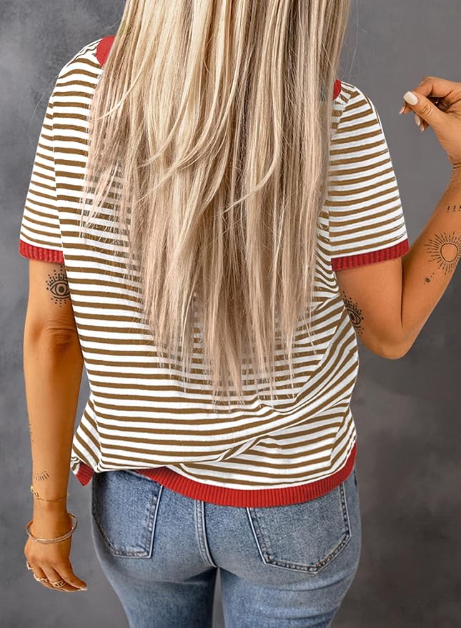 Dokotoo Womens Tops 2026 Casual Summer Crewneck Short Sleeve Striped Color Block Knit High Low Trendy Pullover Sweaters - Image 3