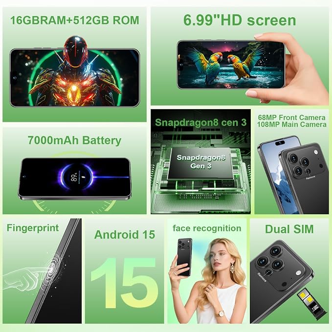 17 PMAX Unlocked Cell Phone,16GB+512GB Smartphone,6.99" HD Screen Android 15 5G Phones,Battery 7000mAh Android The Phone,Fingerprint Button Unlock/GPS/Face ID/Dual SIM/5G (Black) - Image 2