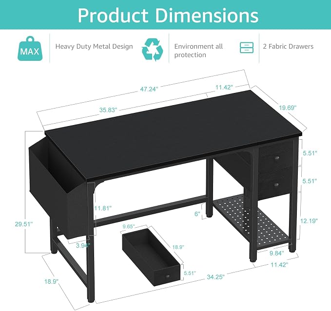 Lufeiya Gaming Desk with Fabric Drawers, 47 Inch Computer Desk for Home Office, Modern Simple Study Writing Table PC Desks for Bedroom, Black - Image 3