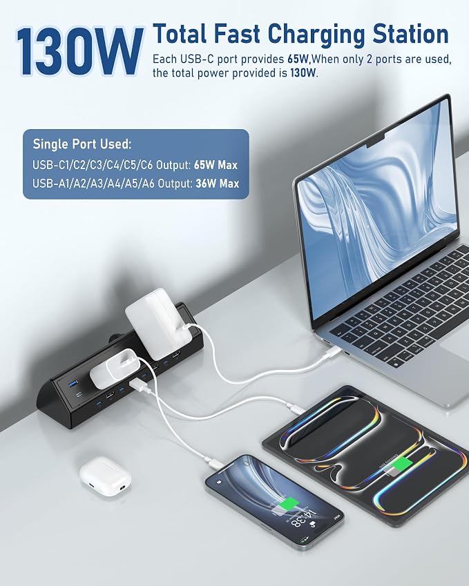 Jgstkcity 130W Desk Clamp Power Strip, 12 USB Ports (6 PD 65W USB-C),Surge Protector,ETL Listed Power Hub Extension Cord,Fast Charging Station for Home Office Desk Edge Mount (Black, 12 USB-130W) - Image 2